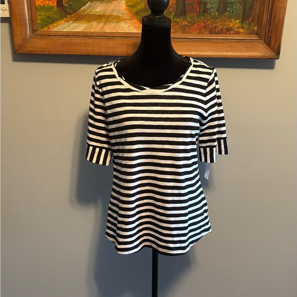 Talbots Women’s Tee Black & White Stripes Sparkle Cotton Blend Size S